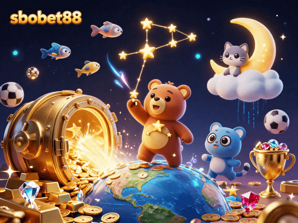 Scooping up coins and celebrating winnings with sbobet88 characters in an engaging casino scene.