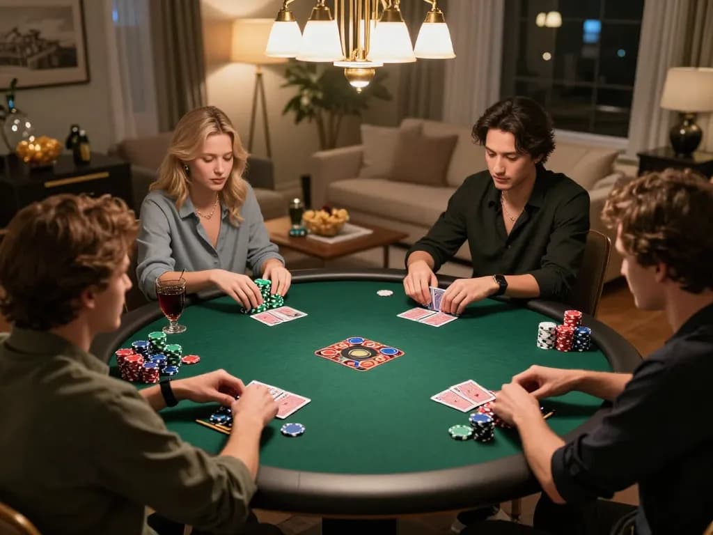Engaging in ดูหนังออนไลน์ with friends while enjoying poker strategy in a cozy living room setting.