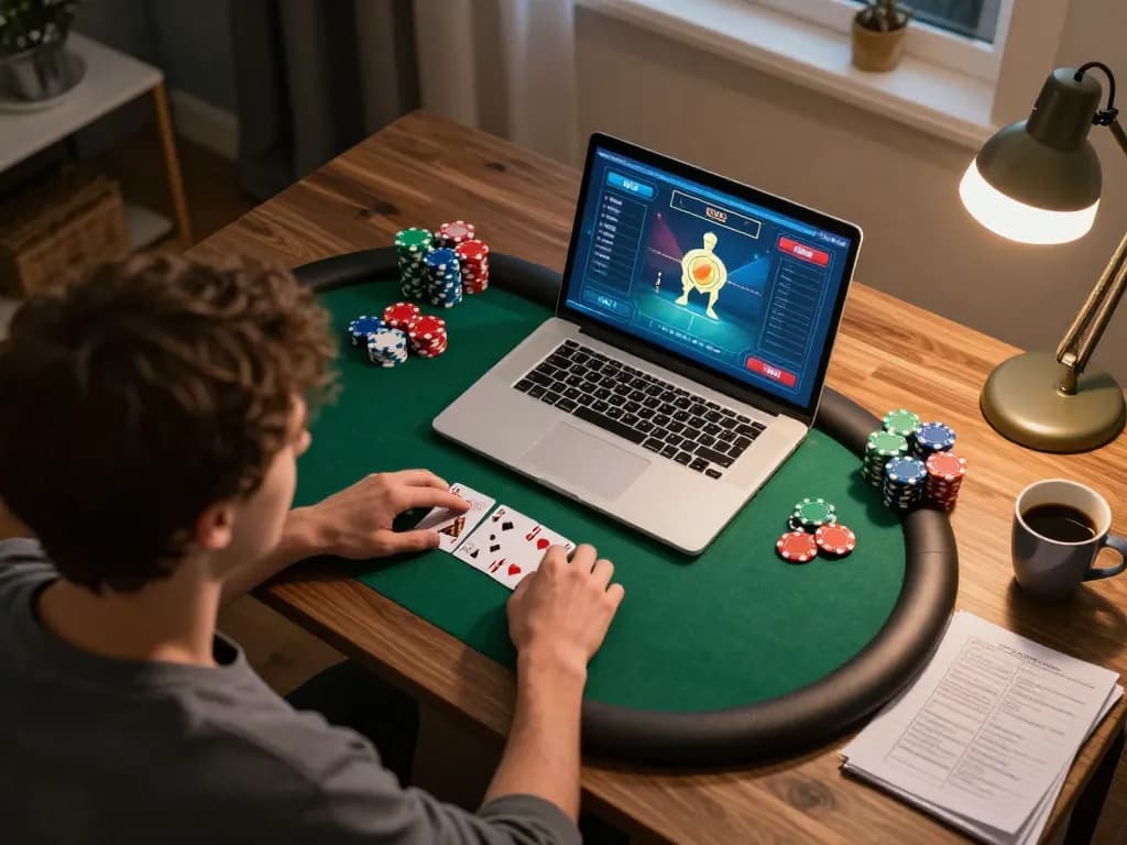 Pemain Dewi100 terlibat dalam permainan poker di rumah menggunakan laptop mereka, menunjukkan pemikiran strategis.