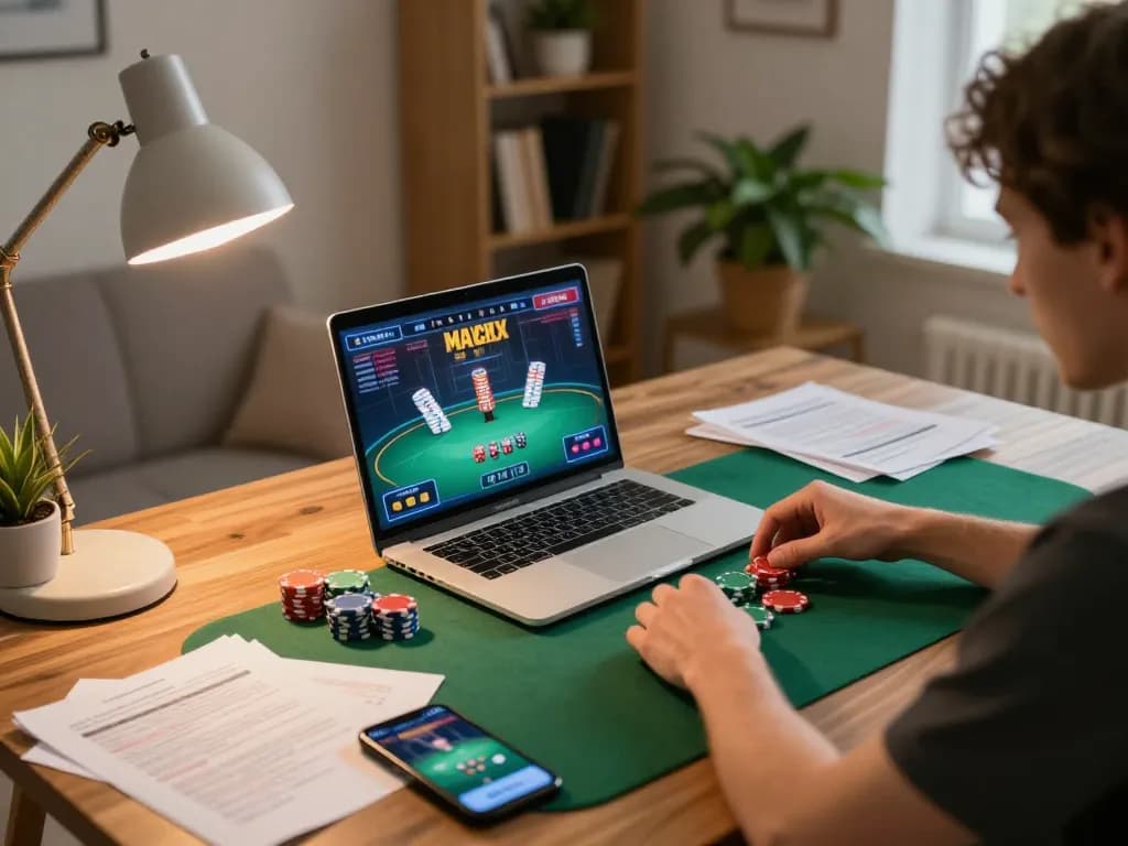 Engaging in an online poker game at home with 789bet on the laptop screen