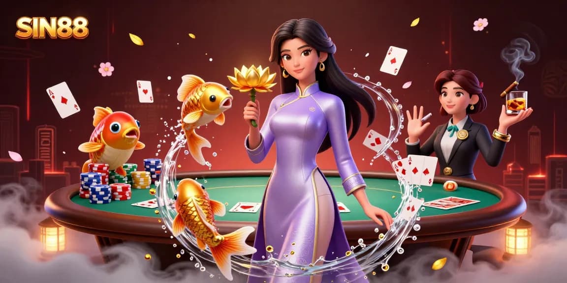 SIN88 offers thrilling gambling experiences with a semi-realistic Asian woman, golden koi, and vibrant casino elements.