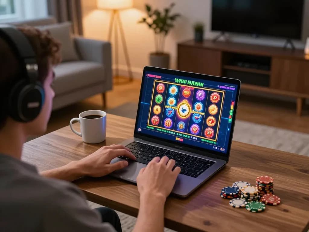 Engaging in situs slot gaming at home with colorful graphics and strategic focus