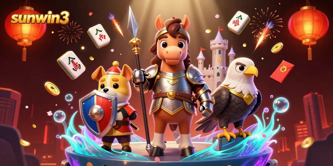 Experience the excitement of sunwin3 with a dynamic casino-themed 3D illustration featuring knights, coins, and festive elements.