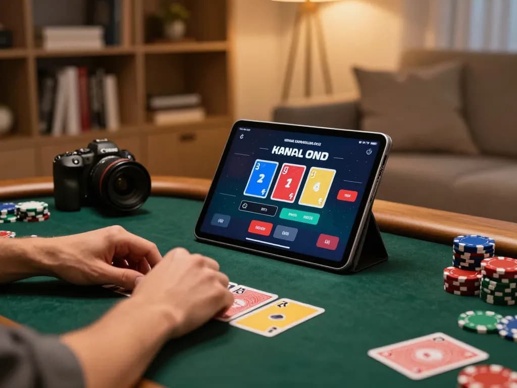 Player engaging in an online LGOLUX poker game with vibrant interface displayed on tablet.