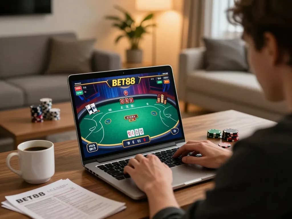 BET88 player strategizing during online poker game on laptop at home