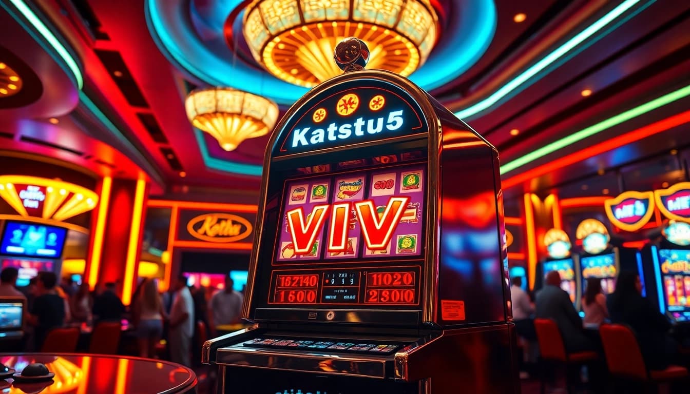Menghadapi permainan Katsu5 VIP Slot yang menarik dengan latar belakang kasino yang mewah.