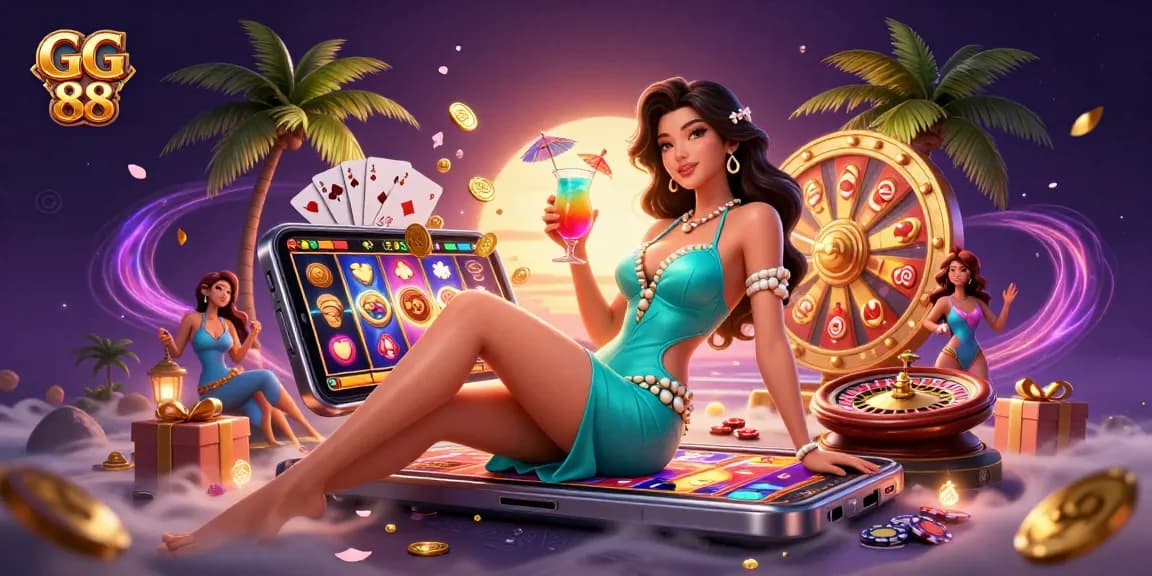 Engage in thrilling gaming with GG 88 at a vibrant beach casino featuring diverse playful elements.