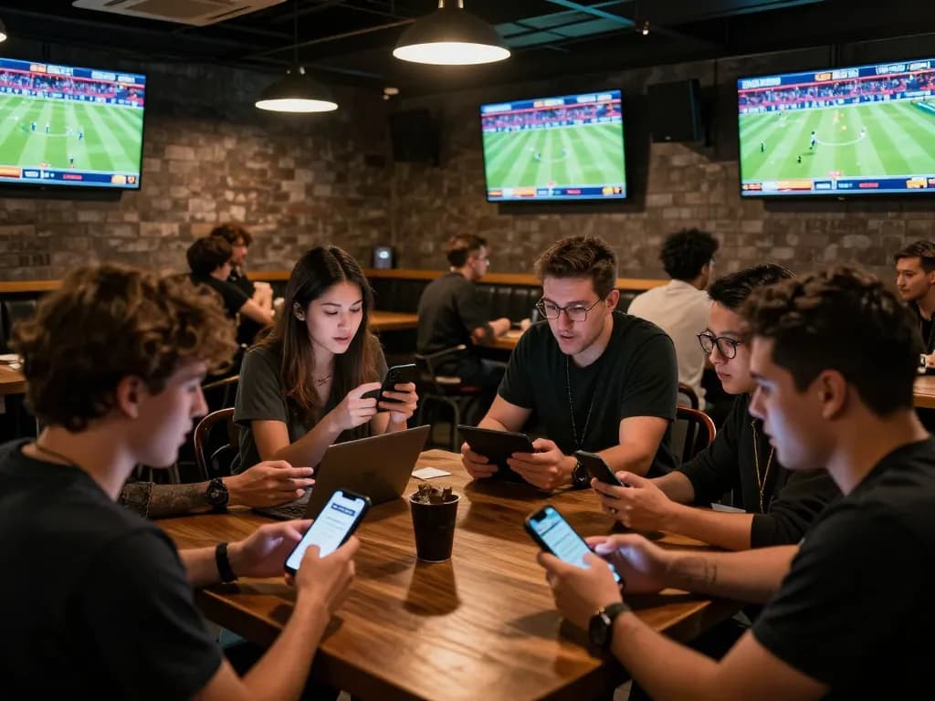 Excited individuals in a sports bar engaged in live betting on u8888, discussing strategies with screens showing game action.