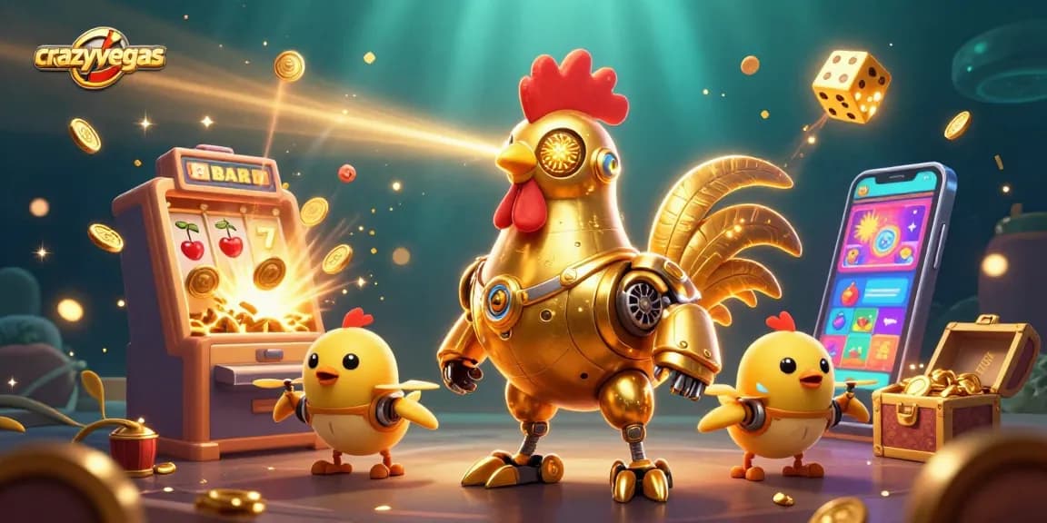 Experience thrilling wins with crazyvegas as a golden rooster robot and baby chick drones celebrate amidst vibrant casino elements.