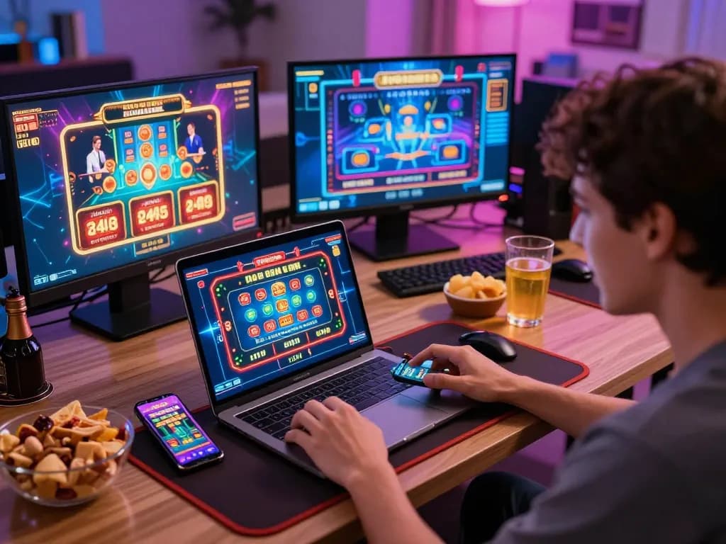Nền Tảng SC88 online casino gaming scene with player engaging on laptop and smartphone in a cozy home setting.