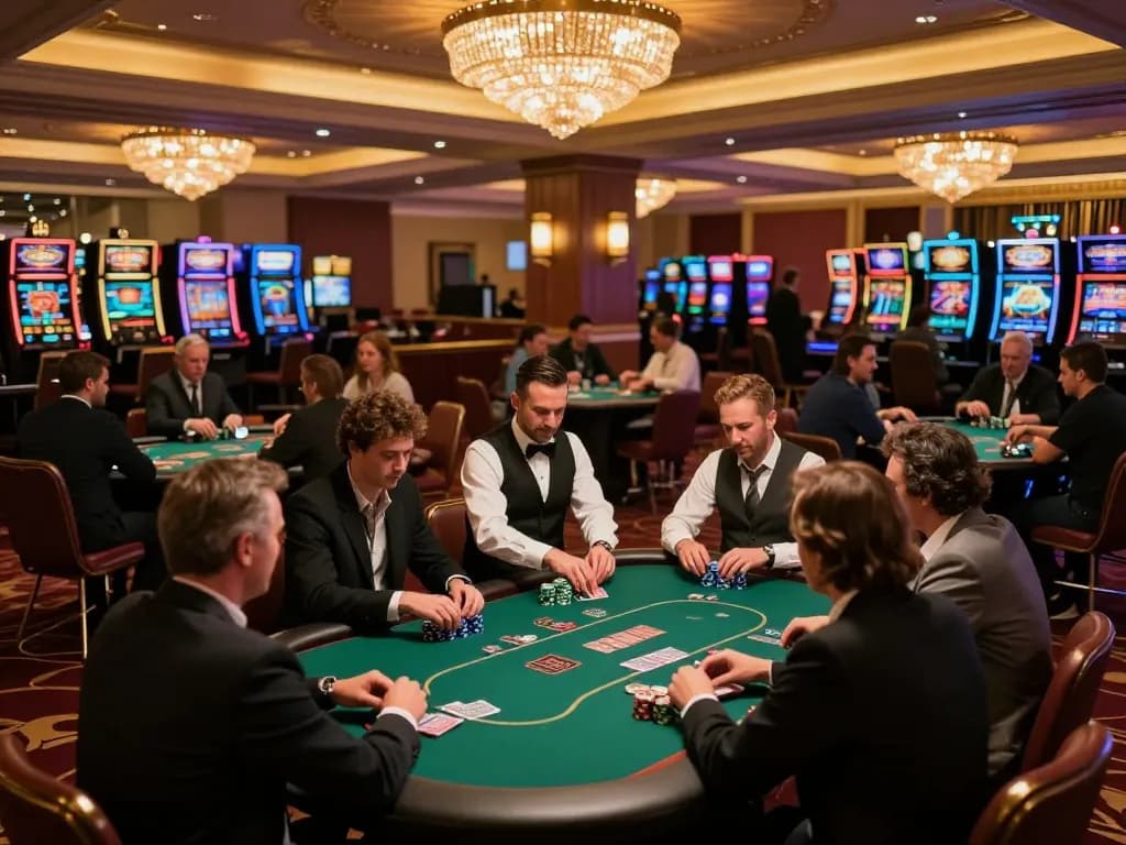 Players engaging in poker action at Open88 com's upscale casino, with vibrant ambiance and strategic gameplay.