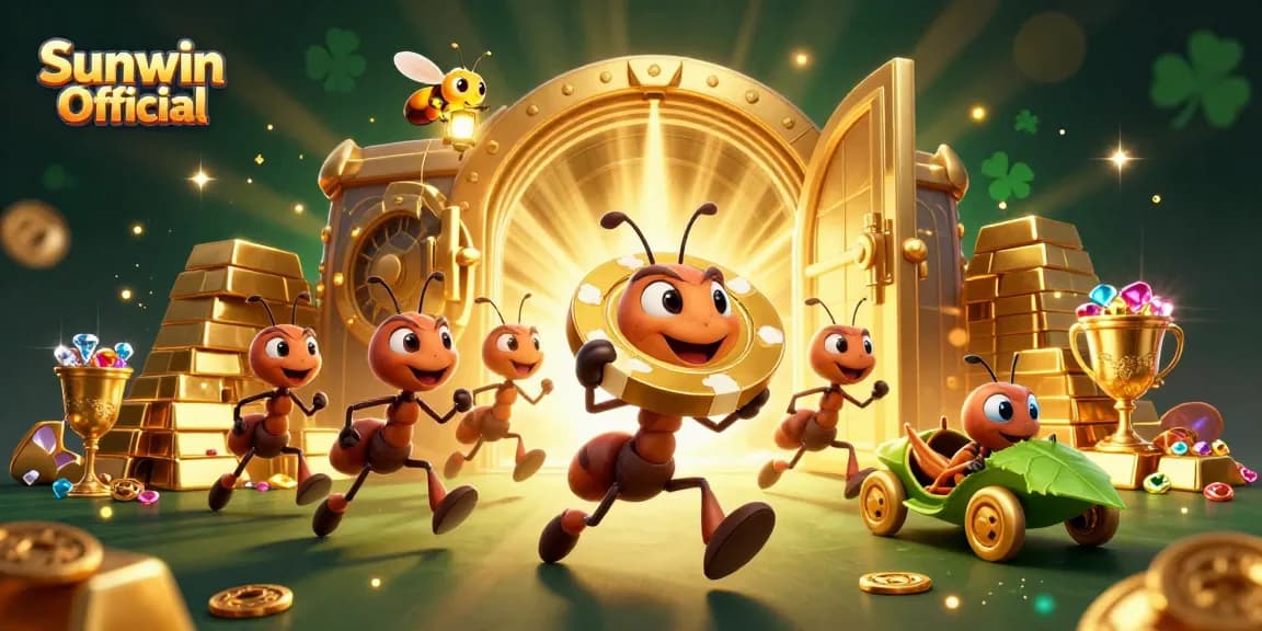 Experience the thrill of Sunwin Official with cartoon ants carrying a giant poker chip amidst treasures.