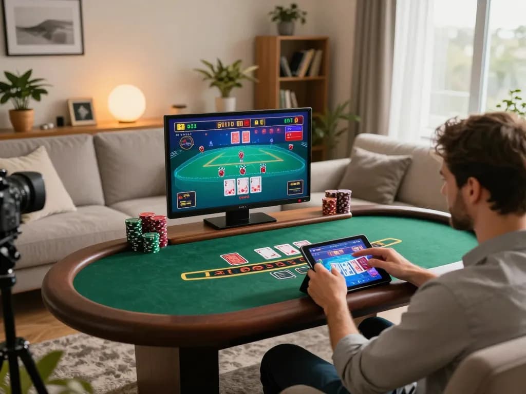 TG88 player engaging in live dealer blackjack on a tablet, showcasing an exciting online gaming environment.