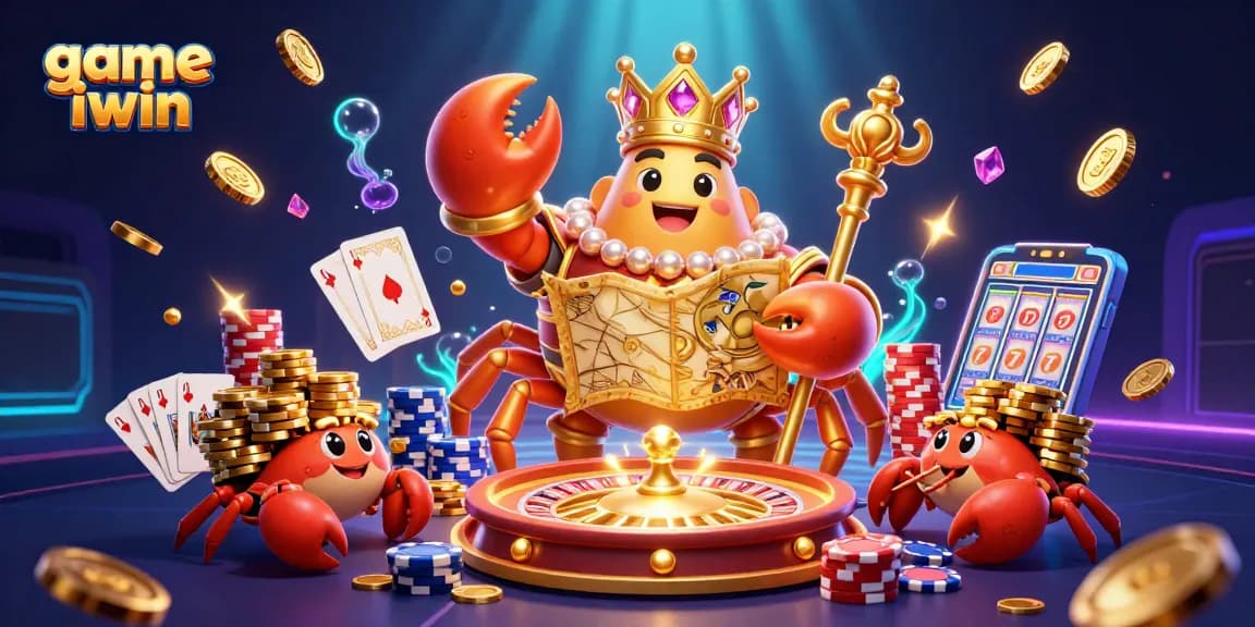 Spin your luck with game iwin featuring a golden crab emperor and vibrant casino elements.