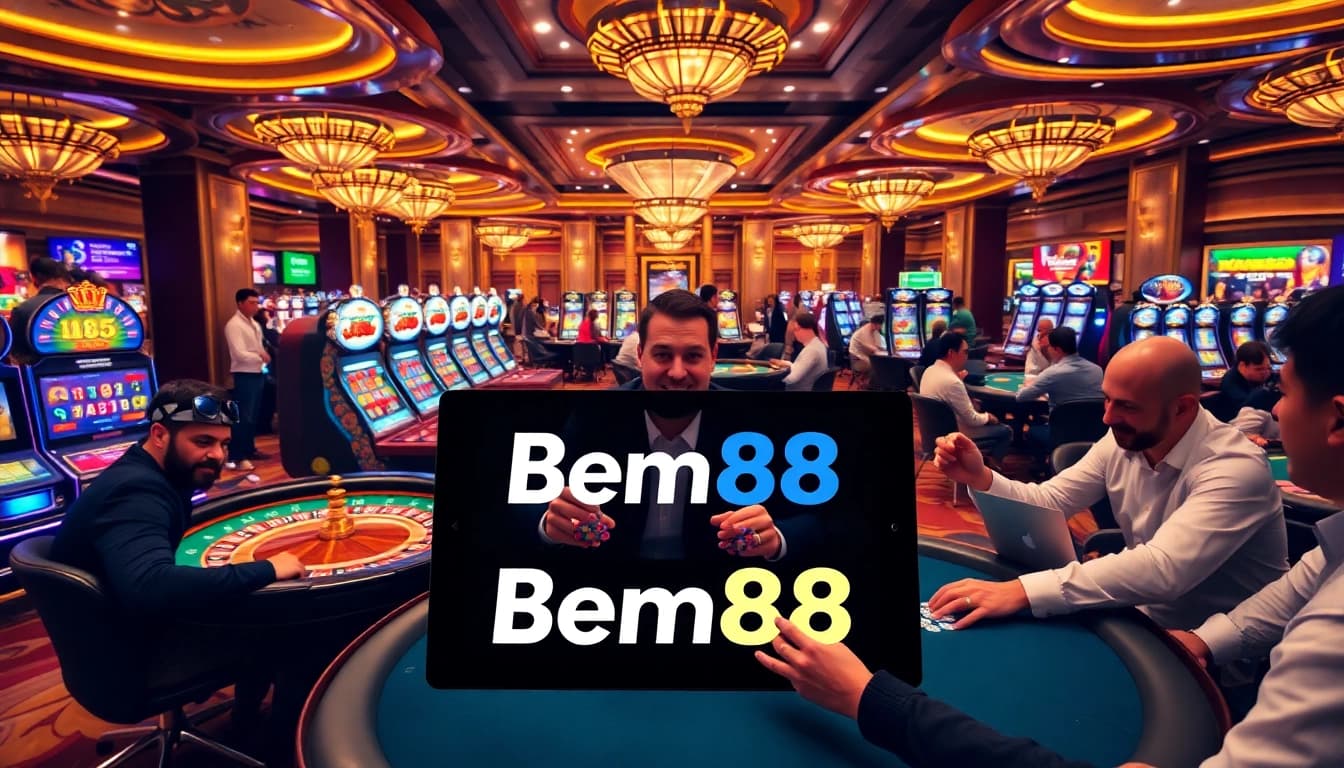 Engaging scene of casino excitement, featuring Bem88 at vibrant gambling tables.