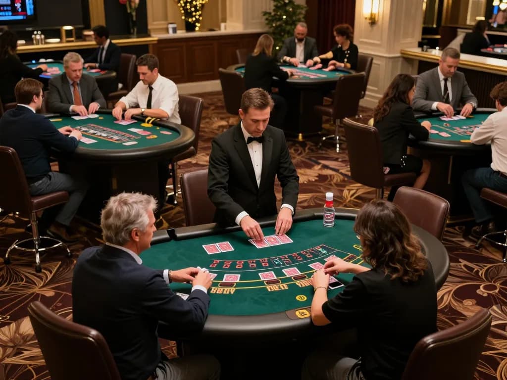 LV88 players strategizing in a vibrant blackjack game on a luxurious casino floor.