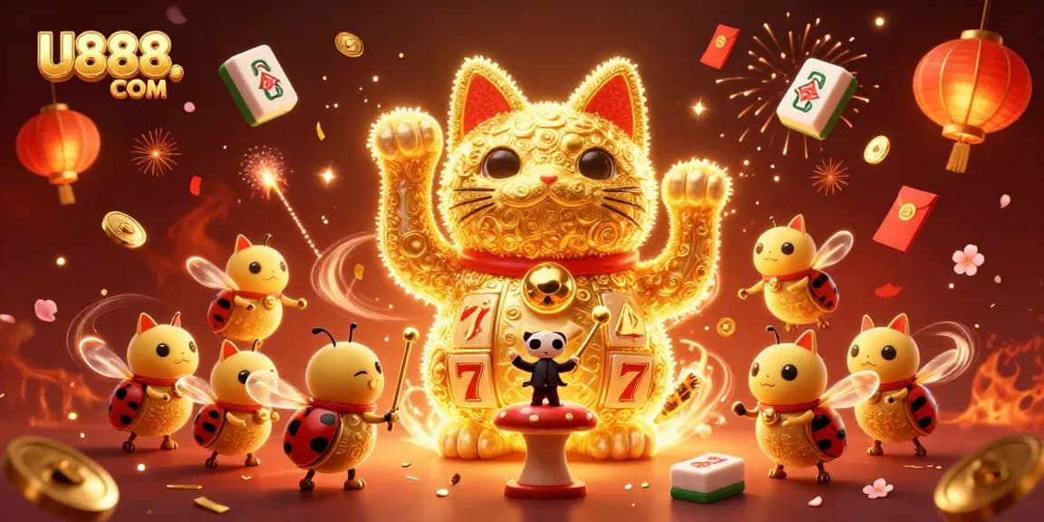 Experience thrilling gameplay with U888. COM, featuring a giant lucky cat and casino symbols in vibrant illustration.
