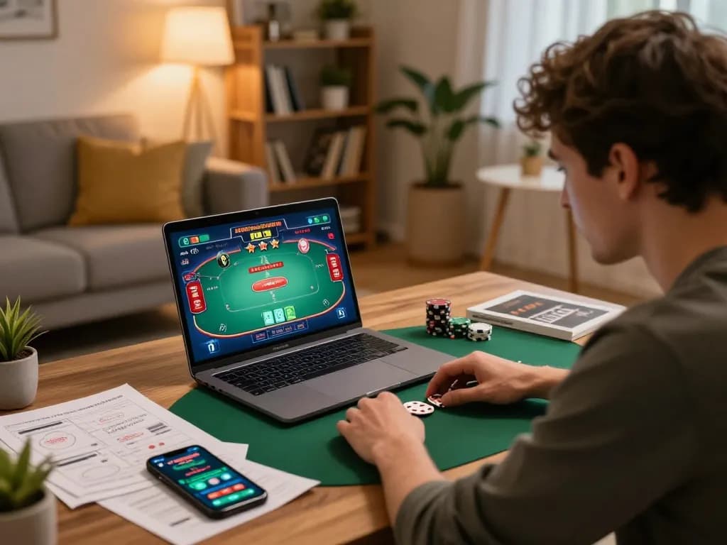 Player engaged in online poker on kuwinfi website, showcasing responsible gaming at home.