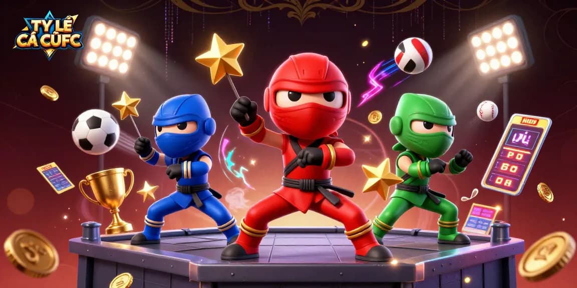 Experience TỶ LỆ CÁ CƯỢC with a dynamic scene of chameleon ninjas performing martial arts amid vibrant sports elements.