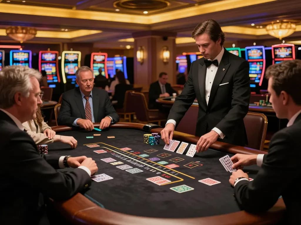 Winning at Da88 blackjack table with a dealer and focused players in a luxurious casino setting