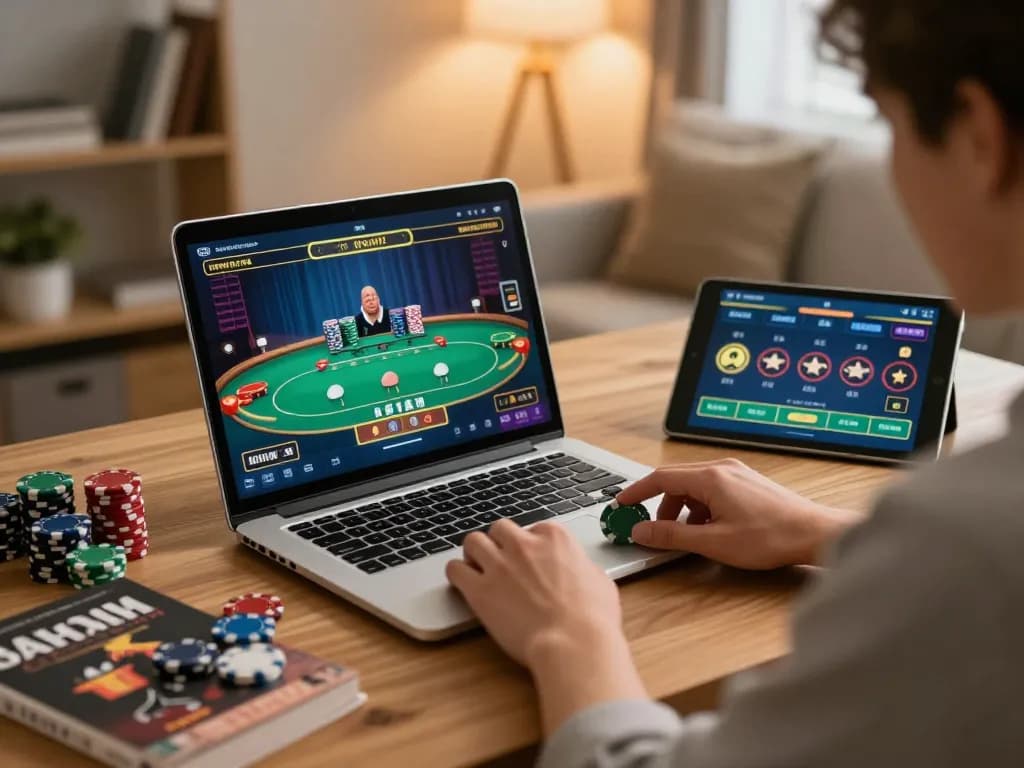 Engaging in strategic poker gameplay on a laptop while exploring kp88 online casino.