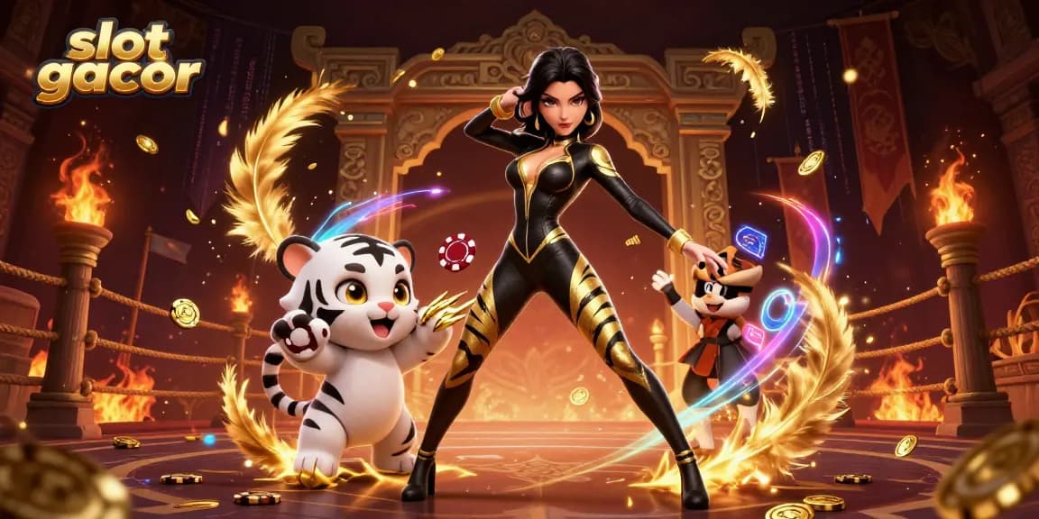 Experience thrilling action with our slot gacor themed 3D illustration featuring a dynamic woman and tiger.