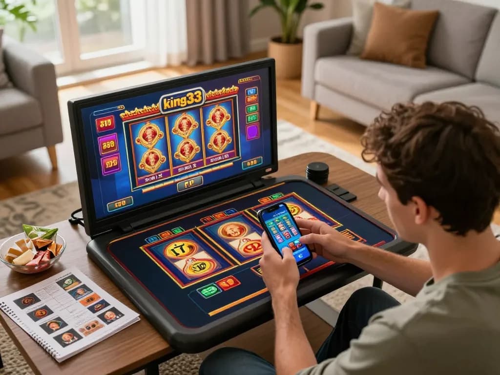 Player engaging with the king33 app on smartphone during a fun online gaming session at home