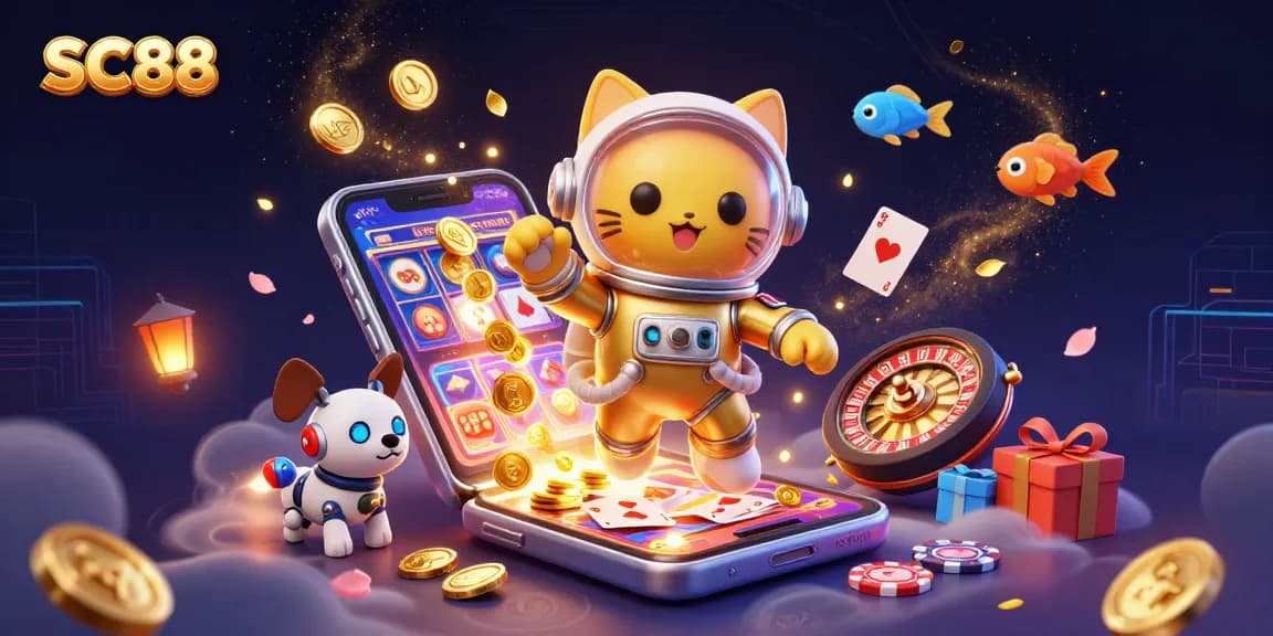 SC88 engages players with a vibrant 3D scene of a casino-themed astronaut cat and alien fish.