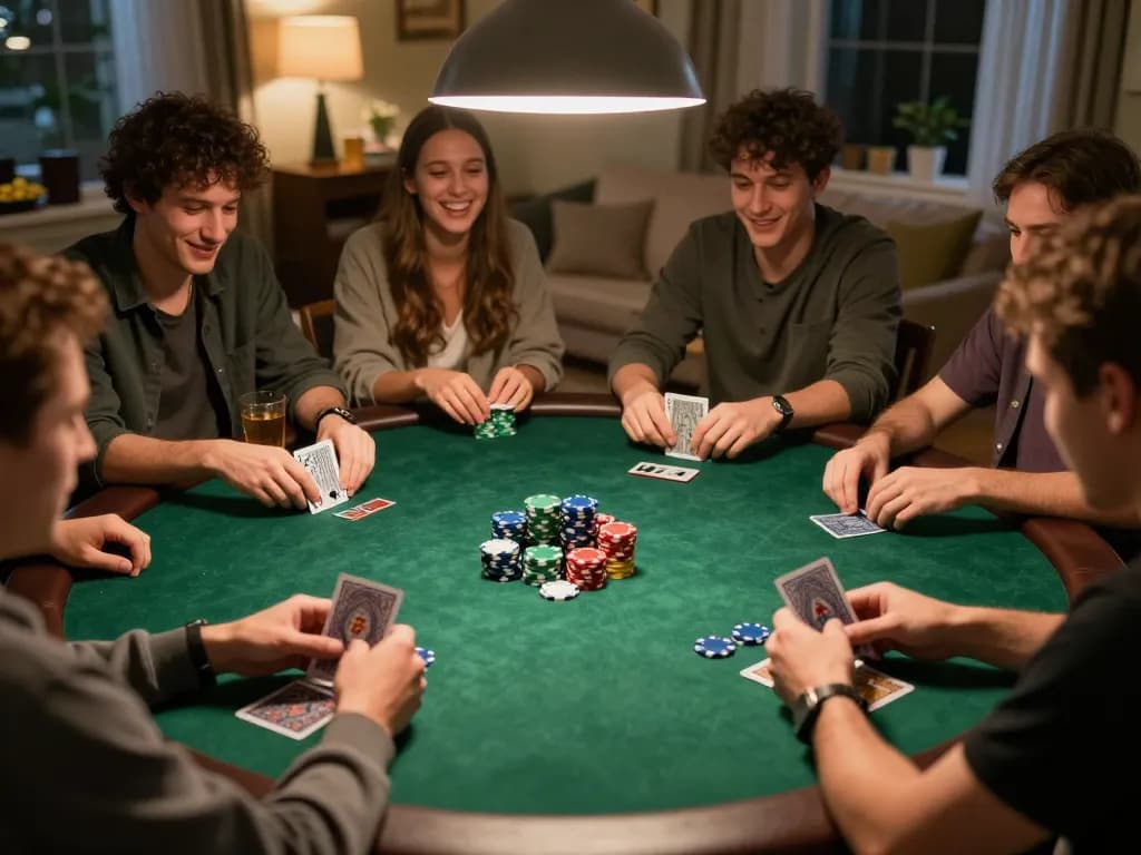 Taya777app engaging players in a lively poker night with cozy home ambiance.