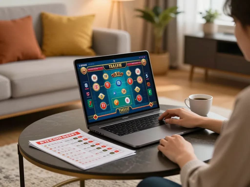 Engaging in toto togel while reviewing detailed betting strategies in a cozy home setting.