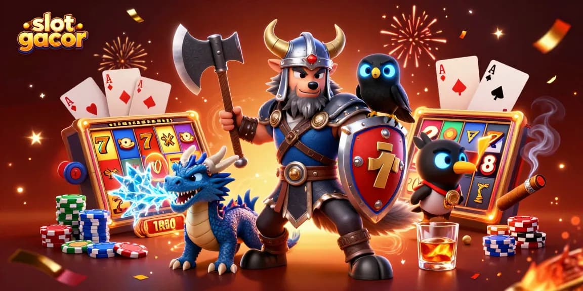 Slot gacor yang menampilkan pertarungan si serigala Viking dengan naga, dipenuhi simbol permainan kasino.