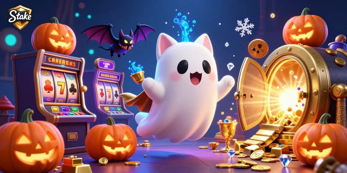 Enjoy the vibrant world of Stake casino gaming, featuring a ghost cat, vampire bat, and mystical elements.