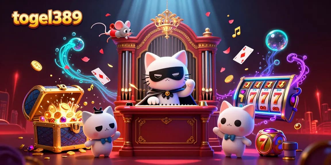 Experience the exciting gameplay of togel389 with a phantom cat, slot reels, and floating cards.