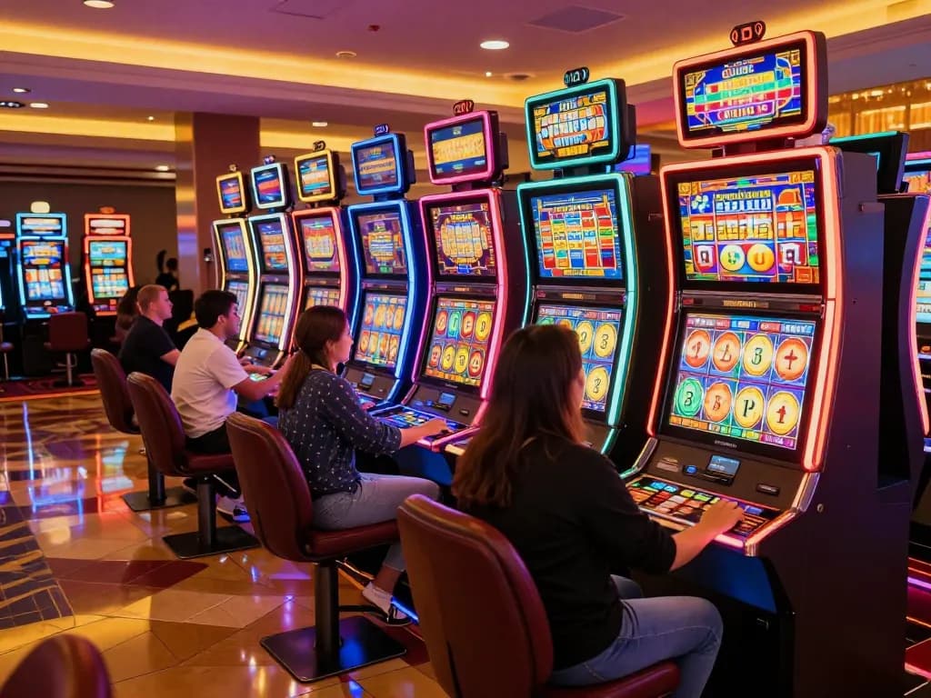 Engaged players celebrating wins at vibrant link slot machines on a bustling casino floor