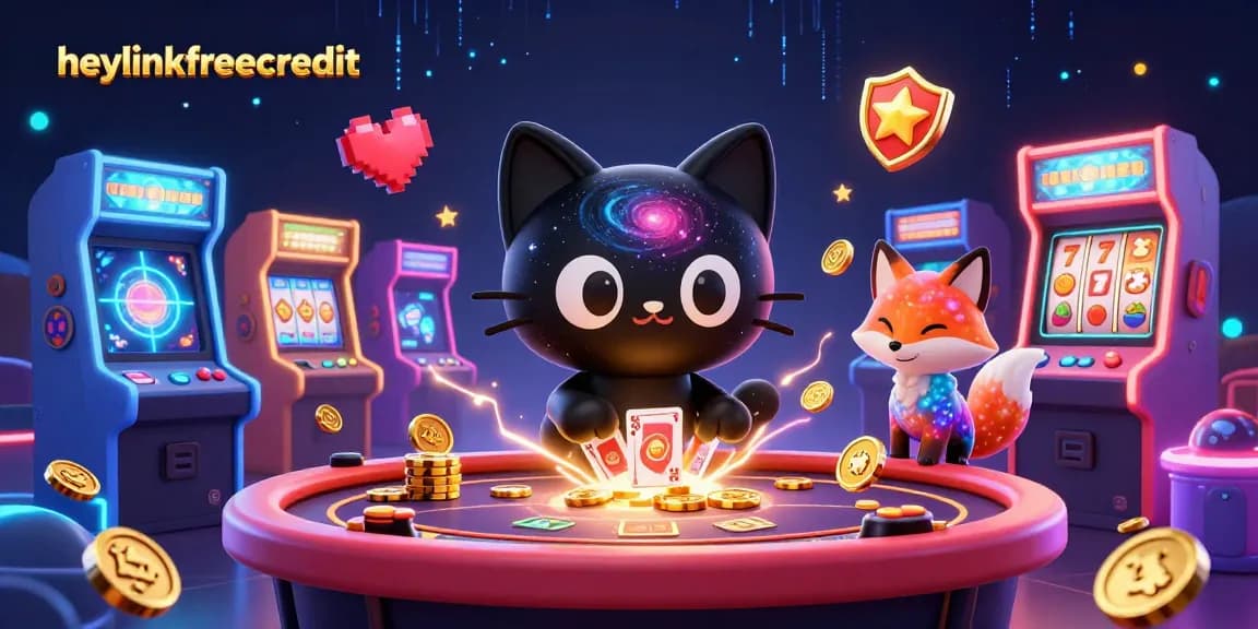 Engage with heylinkfreecredit in a vibrant cosmic casino with animated characters and slot game elements.