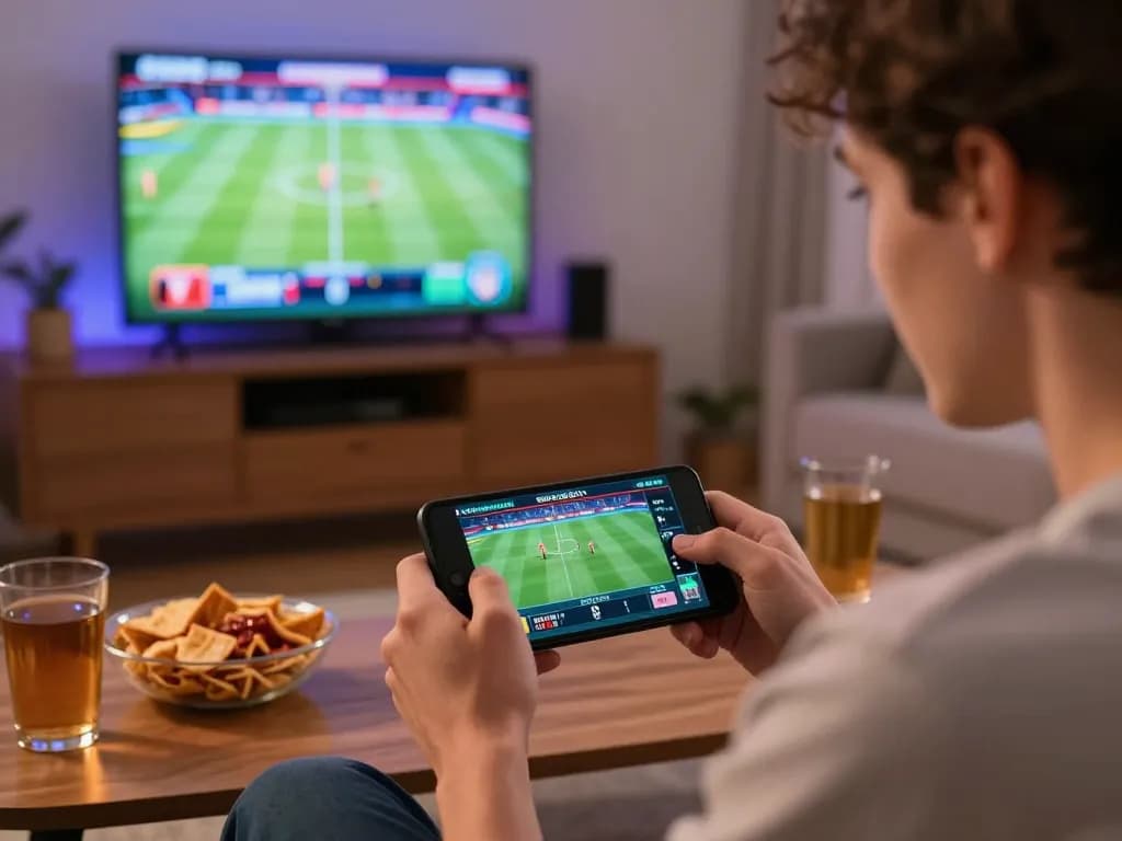 Excited player using tv 88 mobile app for sports betting during a game night.