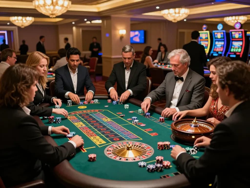 Players strategizing and placing bets at a vipwin roulette table in a luxurious casino.