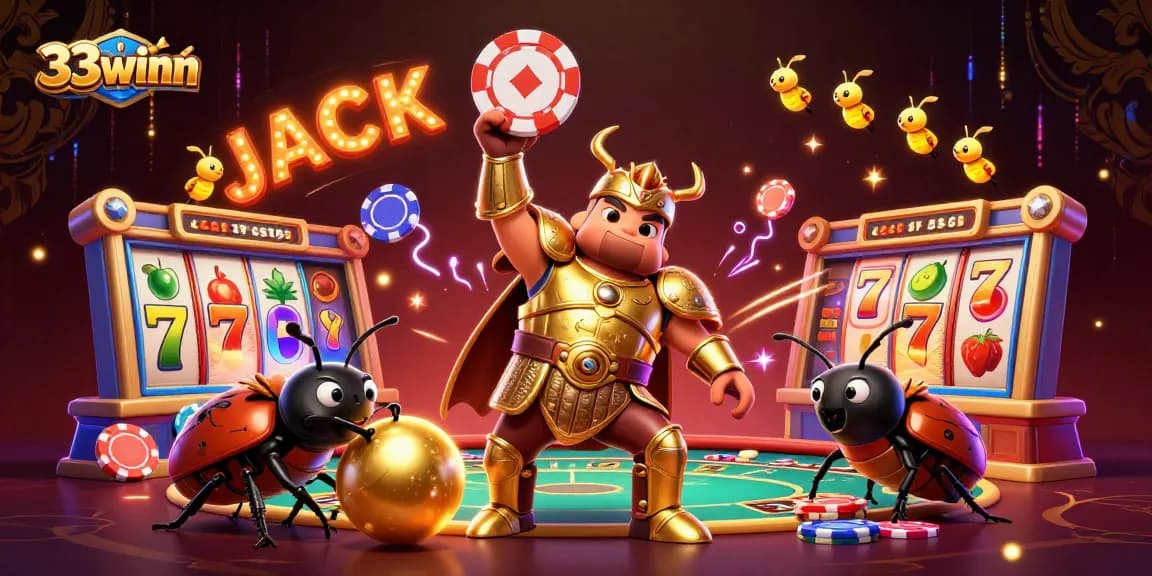 Engage in the thrill of winning at 33winn with a 3D illustrated beetle lifting a poker chip, showcasing vibrant casino elements.