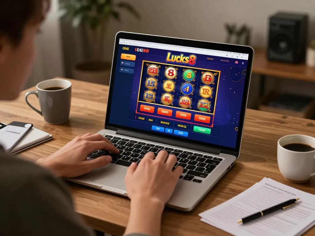 Người chơi lucks8 tham gia vào các trò chơi slot và poker trực tuyến trong một môi trường văn phòng tại nhà thoải mái.