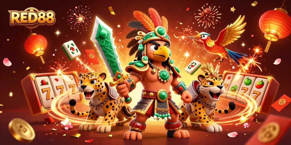 Win big at RED88 with vibrant slot reels and dynamic casino characters celebrating!