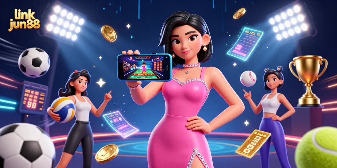 Bet online strategically with link jun88, featuring a confident Asian woman in a vibrant casino scene.