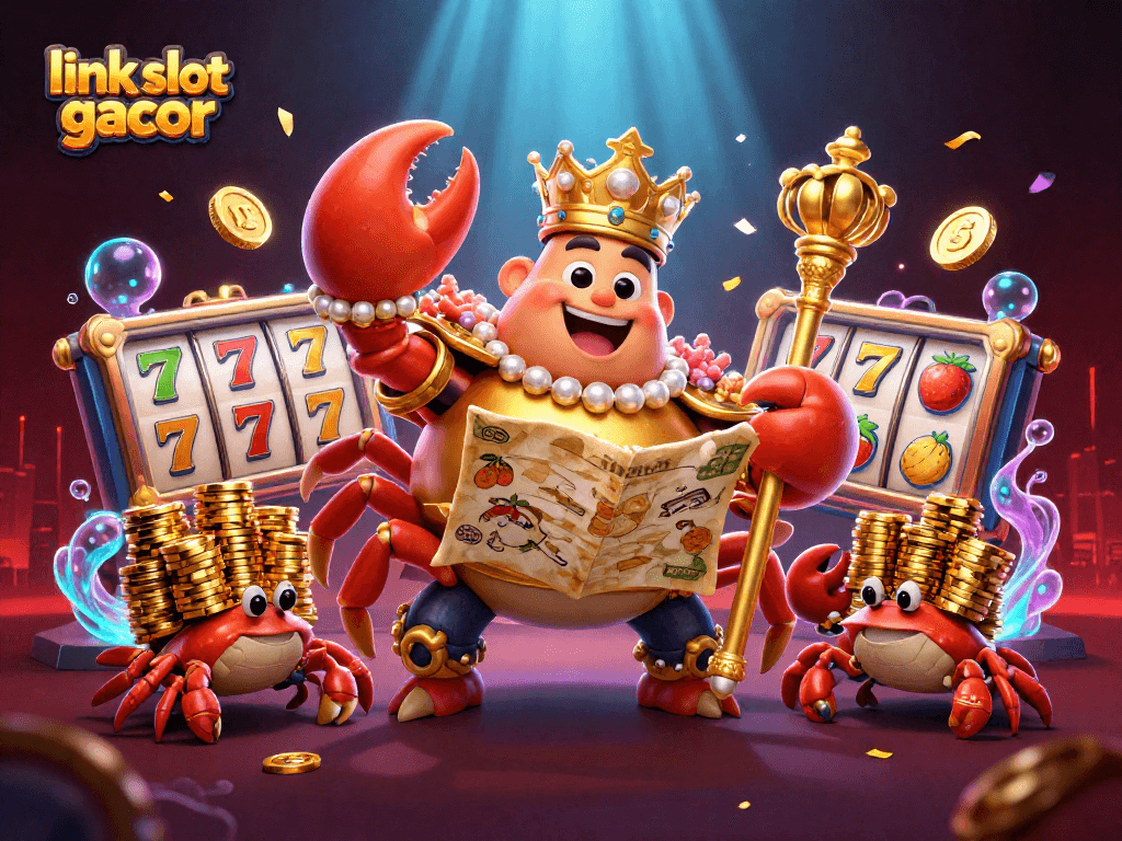 Menggambarkan slot gacor dengan energi keceriaan, karakter kepiting emas membawa peta dan tongkat kerajaan di tengah hiasan kasino.