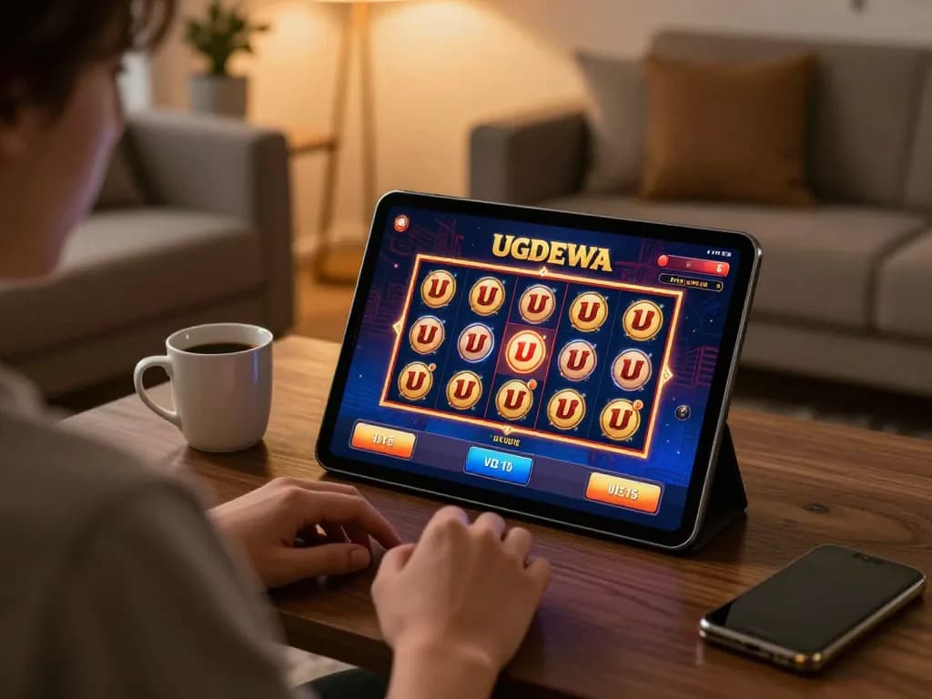Engaging in UGDEWA slot games on a tablet at a cozy home, highlighting mobile gaming excitement.