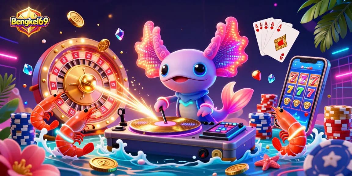 Bengkel69 showcases a vibrant casino scene with a neon axolotl DJ spinning records, surrounded by golden coins.