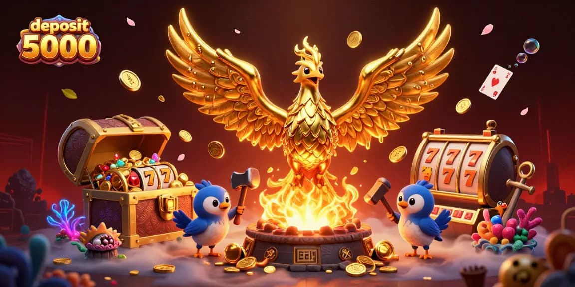 Win big with deposit 5000 in an engaging slot game, featuring a golden phoenix and vibrant casino elements.
