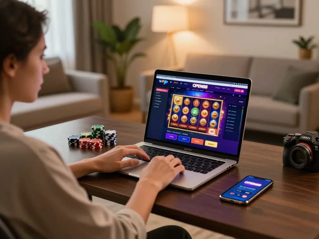 Engaged player exploring OPEN88 gaming options on a laptop in a stylish home office.