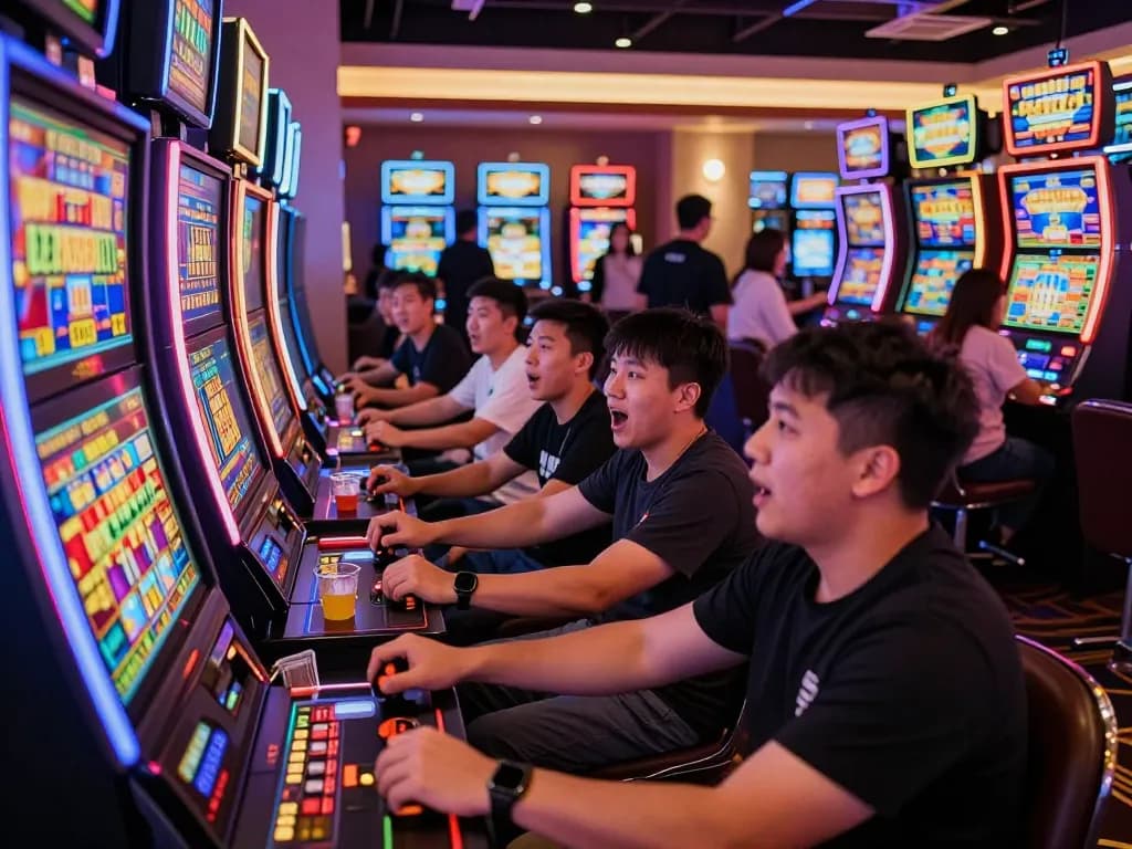KONG88 players enjoying thrilling slot machine action in vibrant casino atmosphere.