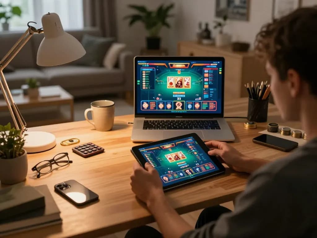 Engaging gameplay on king33 online gambling platform from a cozy home office setup.