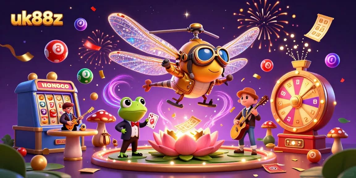 uk88z invites players to enjoy a dynamic casino scene with a dragonfly pilot and a frog dealer.
