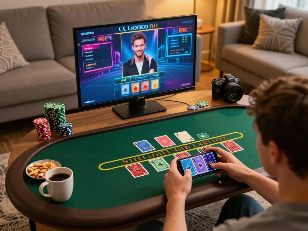 Người chơi Sunwin tham gia trò chơi blackjack với người chia bài trực tiếp trên điện thoại thông minh trong một không gian thoải mái